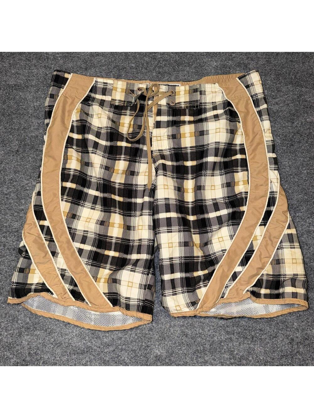 Pacific & Co Beige Plaid Surf Board Shorts Mens 2XL 38 VTG Y2K 90s Rare